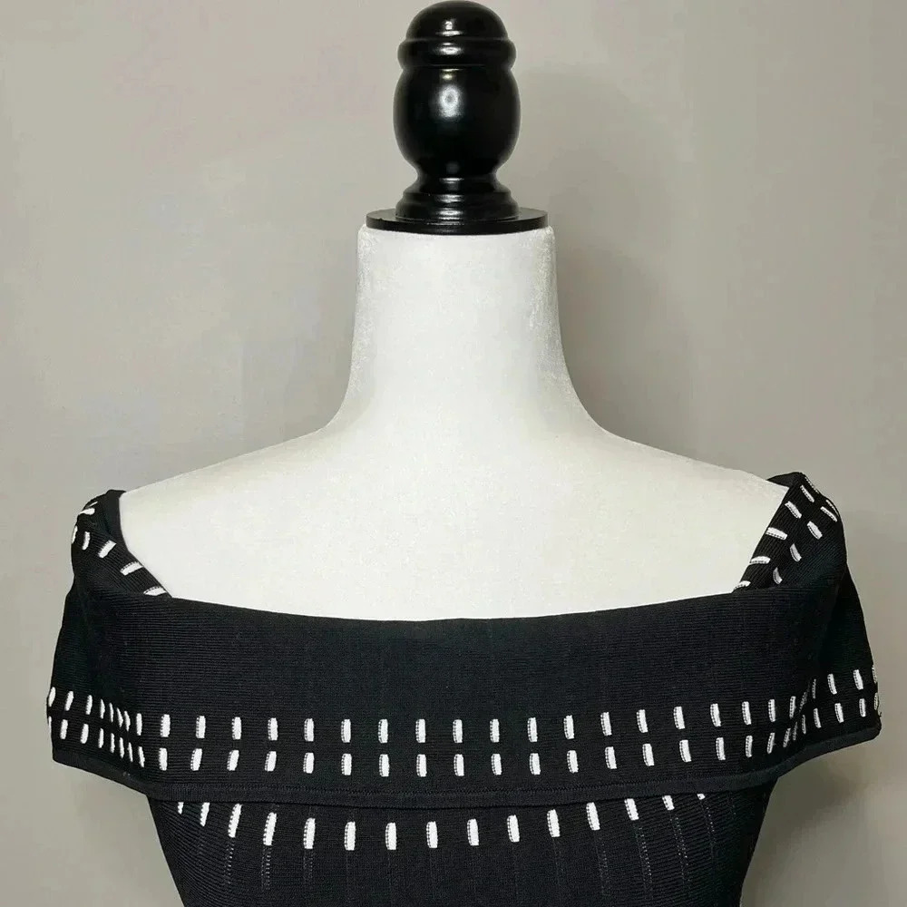 Ever New Melbourne Off the Shoulder Bodycon Dress With Pleated Hem Black White - Picture 3 of 11